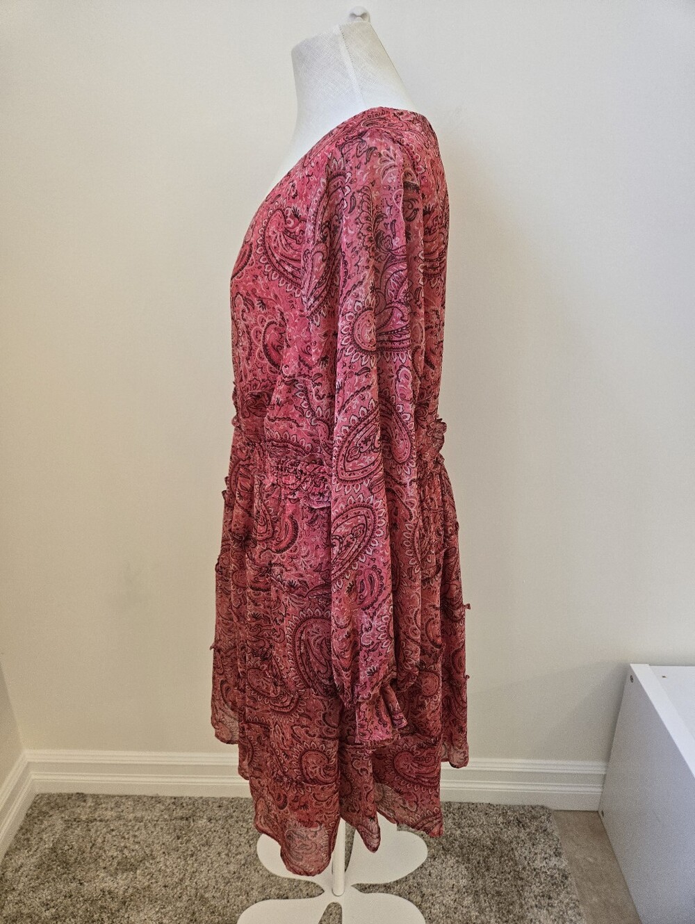 Torrid Pink Paisley Babydoll Mini Dress Size 1 Boho Sheer Sleeve Lined - Picture 9 of 14